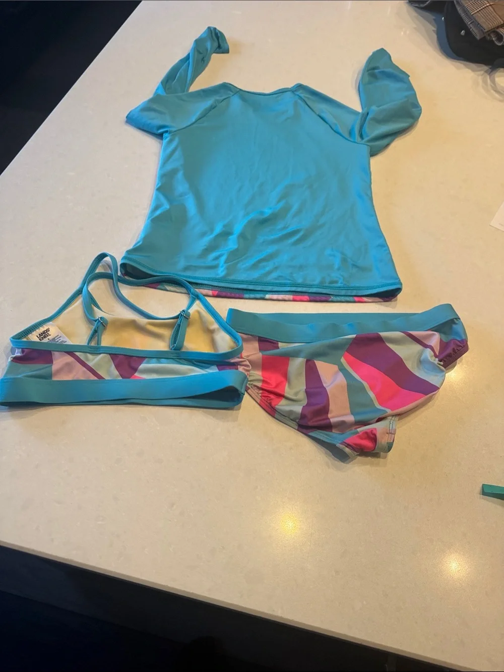 Lands' End Girls' Colorblock Rash Guard Bikini Set in Aqua, Pink, Purple